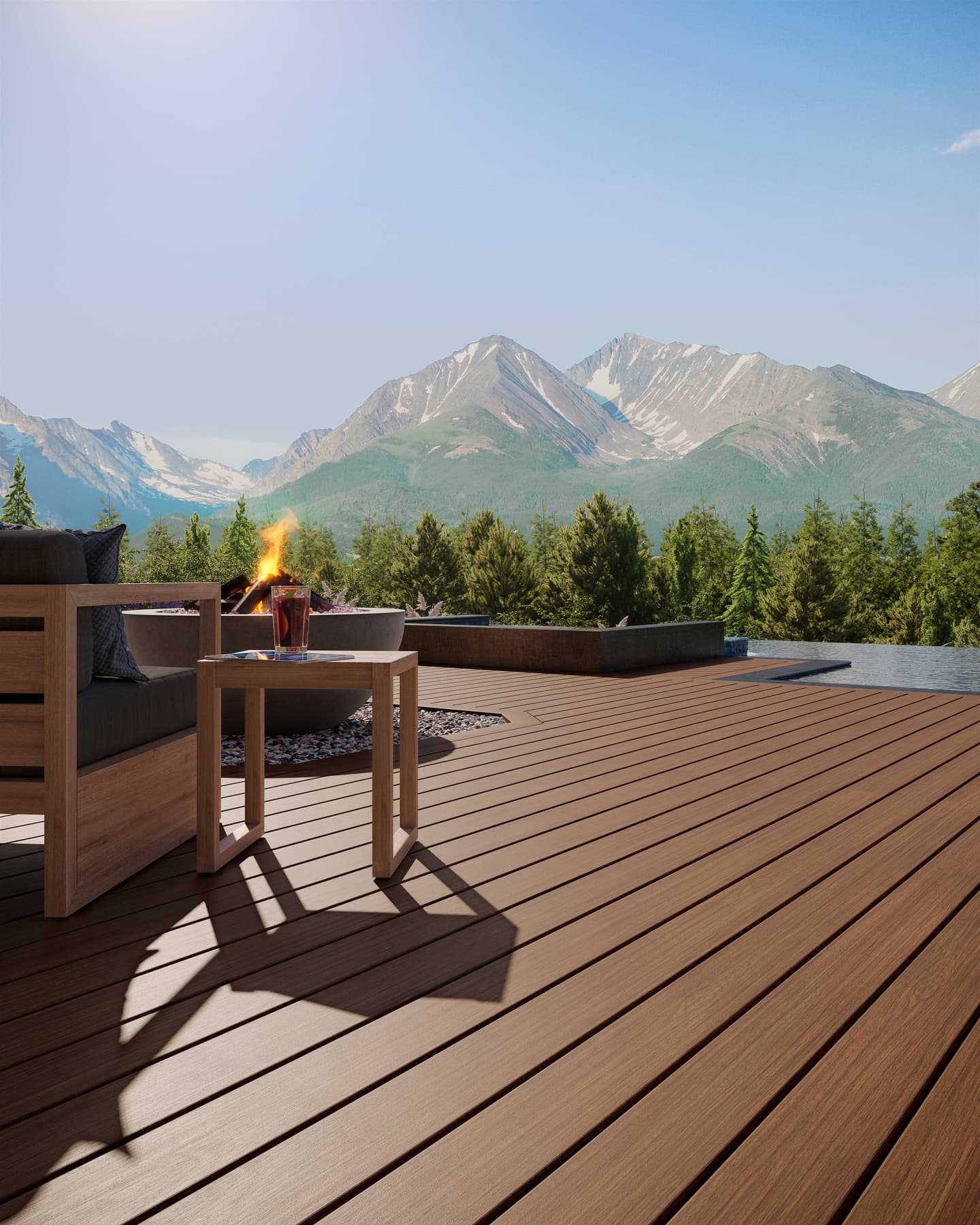 Trex Signature decking with mountain views and furniture